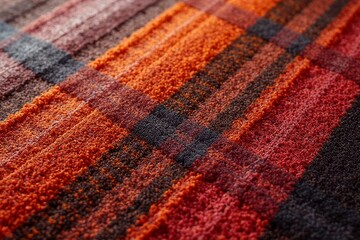 Fototapeta premium Close up Texture of Red Orange and Black Plaid Fabric Detailed Textile Background