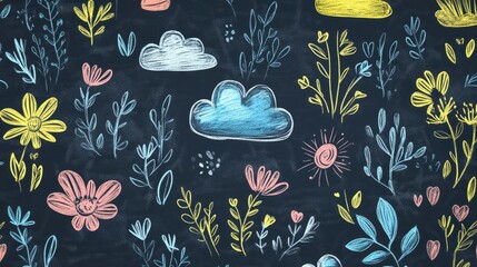 Chalkboard Floral Pattern with Clouds