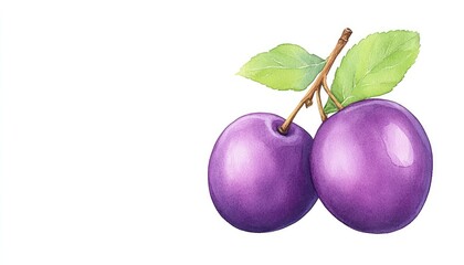 Two ripe purple plums with green leaves on a white background, ideal for food-related designs
