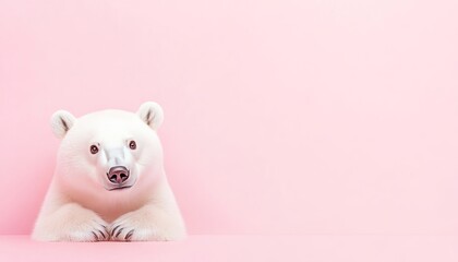 A curious polar bear resting on a pink background, evoking a playful and whimsical atmosphere