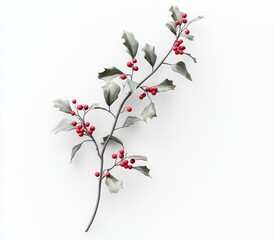 Holly sprig, red berries, white background, winter design