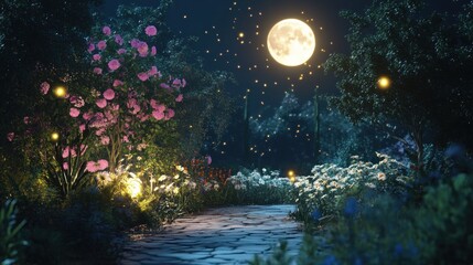 A serene night scene with a moonlit path surrounded by flowers and gentle lighting.