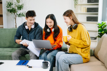 vibrant teamwork, creativity, and learning with young adults using laptops and headphones  in cozy