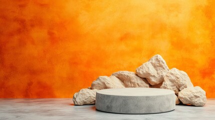 Grey Stone Podium and Rocks on Burnt Orange Background