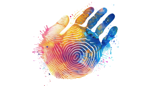 Colorful handprint showing fingerprint with transparent background