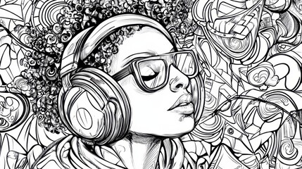 Woman Listening to Music in Headphones - Abstract Black and White Illustration