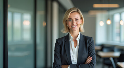 Portrait of a professional woman short haired in a suit standing in a modern office. Mature business woman looking at the camera in a workplace meeting area