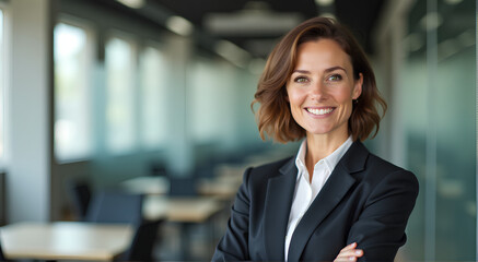 Portrait of a professional woman short haired in a suit standing in a modern office. Mature business woman looking at the camera in a workplace meeting area