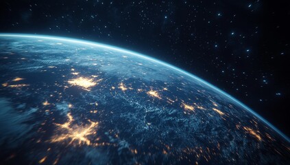 Obraz premium Night Earth orbit view, city lights, starry backdrop, space exploration