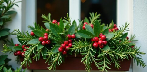 Red holly berries and fresh rosemary in a window box, holly berries, window boxes, evergreen