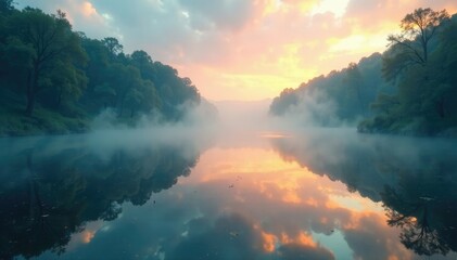 Obraz premium River's surface reflects the misty veil above, sky, weather