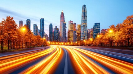 Obraz premium Illuminated Cityscape at Twilight Highway with Light Trails and Autumnal Trees