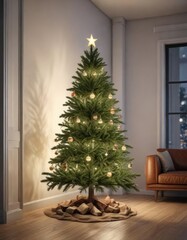 Spruce Christmas tree in a minimalist space with simple ornaments and lights, holiday decoration, simple ornaments