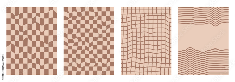 Poster checkerboard background set. psychedelic checker posters templates. vintage distorted grid and strip