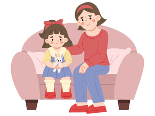 Illustration of mother comforting sad daughter on sofa