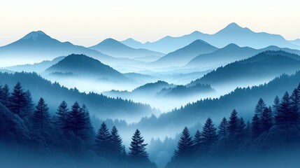 Serene Blue Mountain Landscape at Dawn with Fog Rolling Through the Valleys and Pine Trees