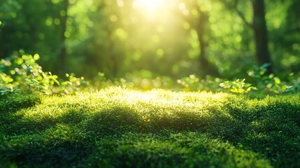 Fototapeta premium In a tranquil forest clearing, soft moss forms a lush carpet, glistening in the warm glow of the afternoon sun. The vibrant greens create an inviting atmosphere that soothes the spirit