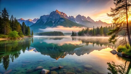 Serene Sunrise Reflection on a Tranquil Mountain Lake with Misty Forest
