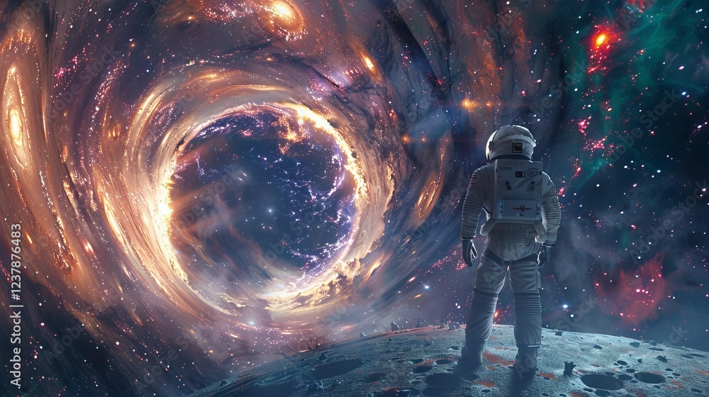 Poster astronaut floating in space discovering a breathtaking fantasy portal to distant galaxies, a gateway