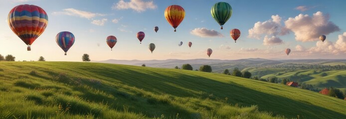 Fototapeta premium Sunny sky with colorful air balloons floating above a rolling green hill, nature, sunny day