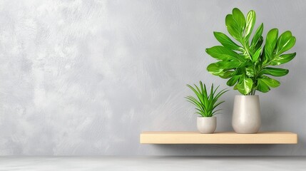 Fototapeta premium Lush Green Plants on Light Wood Shelf Against Gray Textured Wall