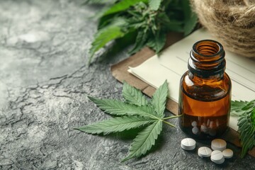 A cannabis leaf is positioned next to a dropper bottle of medicinal oil, accompanied by pills and a prescription pad on a clean surface