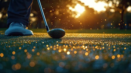 Hands tightly grip a golf club, focused on hitting the ball over dew-dropped grass as the sun sets in the background