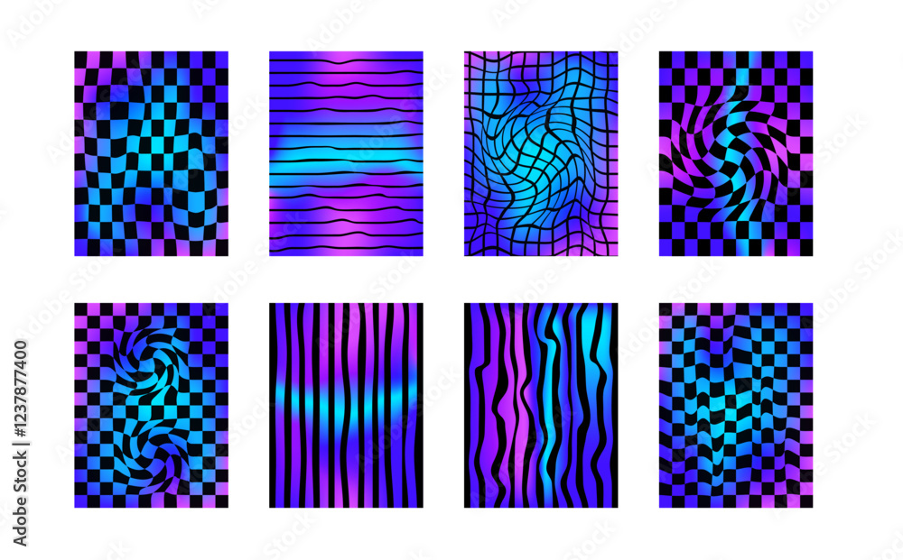 Poster checkerboard neon background set. psychedelic holographic checker gradient posters templates. surrea
