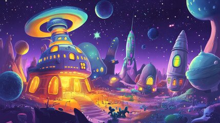Space party, cartoon spacecrafts, starships and rockets in galaxy, vector banners. Kids event cartoon design of fantasy planets and galactic shuttles or alien UFO spaceships in fantastic galaxy