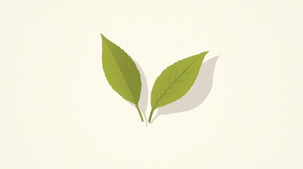 A simple vector logo of two green tea leaves, on a white background, with no shadows, using simple shapes and lines, in an icon style, with a minimalistic design