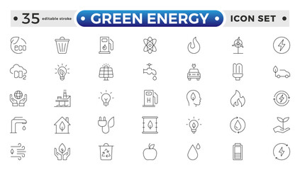 Green Energy outline icon. Recycling Symbol, Solar Panel, Wind Turbine, Electric Vehicle, Eco-Friendly, Eco-Friendly Homes, Water Conservation, Green Energy Light Bulb. Editable stroke outline icon.