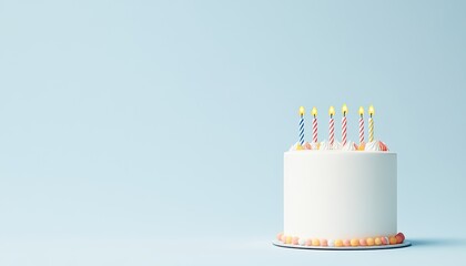 A beautifully decorated birthday cake with lit candles on a pastel blue background (1)