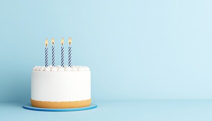 A decorated birthday cake with candles on a blue background, perfect for celebration imagery