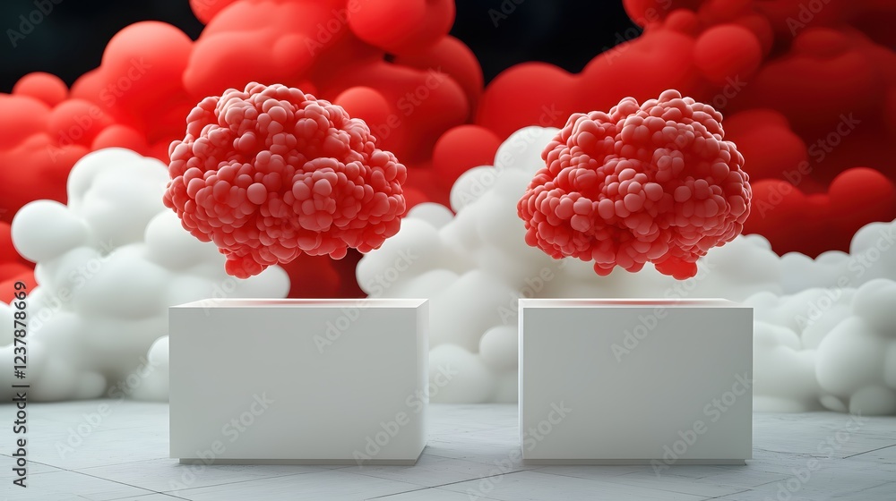 Poster abstract red forms on white cubes against a cloudlike background