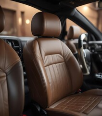 Texture of leather car seat with blurred interior of luxury car in the background, design, automotive, leather