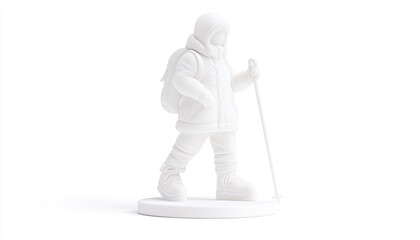 White figurine of a hiker with a backpack and walking stick, set against a plain background