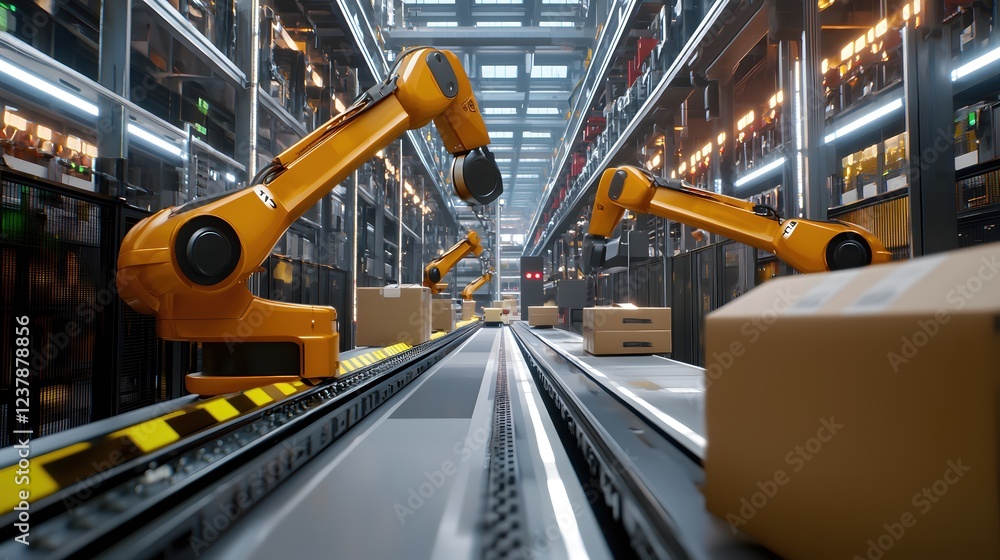 Poster automated warehouse robotics system efficiently moving packages along conveyor belt