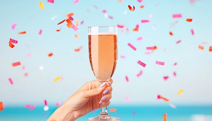 Celebratory toast with a sparkling drink amidst colorful confetti at a beach setting