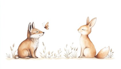 Cute illustration of a fox and a rabbit interacting with a butterfly in a serene natural setting