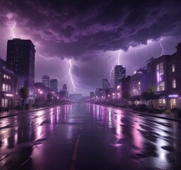 Obraz premium The city is bathed in an eerie purple light as a severe thunderstorm approaches, ominous clouds, stormy weather, thunderous rumble
