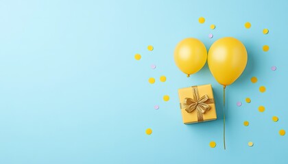 Bright yellow balloons and a gift box with confetti on a light blue background, celebrating a festive occasion