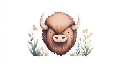 Cartoon-style illustration of a bison's head surrounded by flowers and foliage