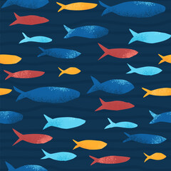 Fish seamless pattern. Sardines school allover background. Sea repeat cover. Underwater continuous ornament. Surface pattern design marine motif. Vector hand drawn illustration.