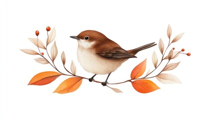 A charming bird perched on a branch adorned with autumn leaves and berries, showcasing nature's beauty
