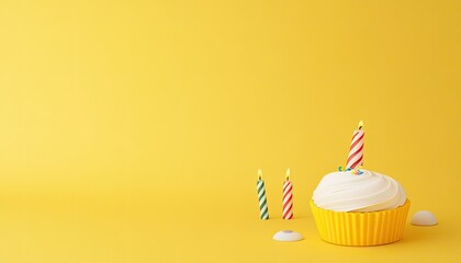 A vibrant yellow background featuring a decorated cupcake with colorful candles and sprinkles