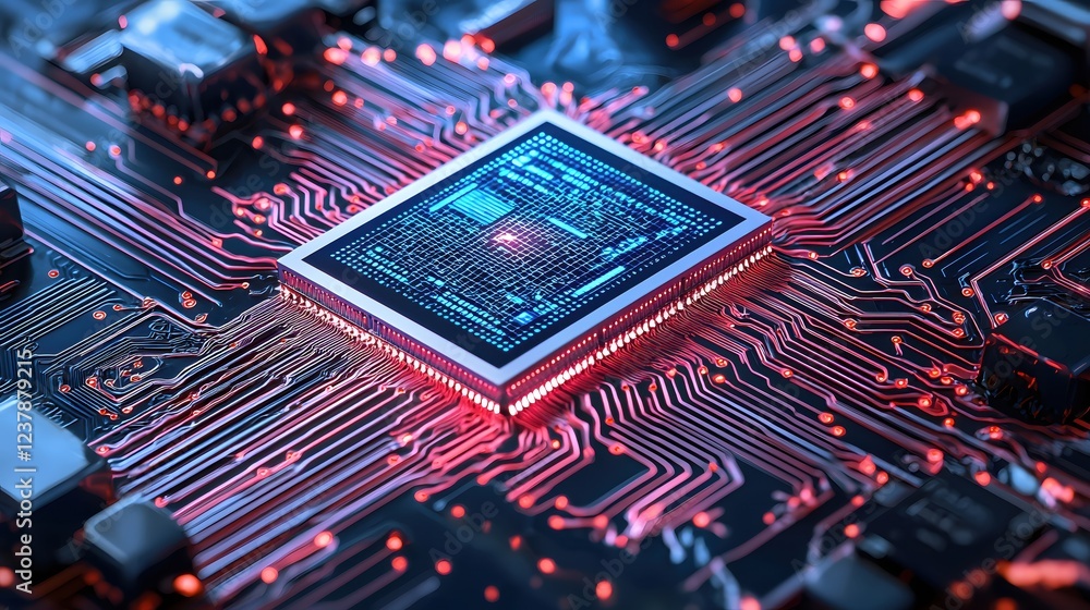 Poster illuminated central processing unit on circuit board high tech digital technology