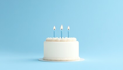 A beautifully decorated white birthday cake with three blue candles on a light blue background