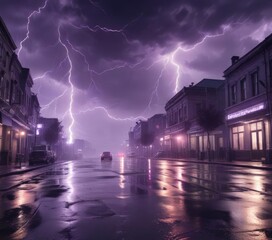 Obraz premium The streets are deserted as a massive lightning storm ravages the city in purple hues, darkening skies, abandoned buildings