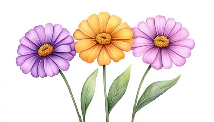 Vibrant illustration of three colorful flowers with detailed petals and green leaves on a white background