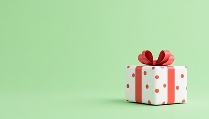 A beautifully wrapped gift box with red polka dots and a bow on a soft green background